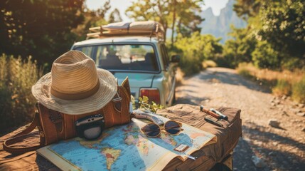 a map of the world on an outdoor table accompanied by hats and a car in the background