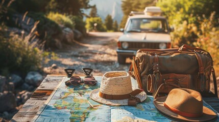 a map of the world on an outdoor table accompanied by hats and a car in the background