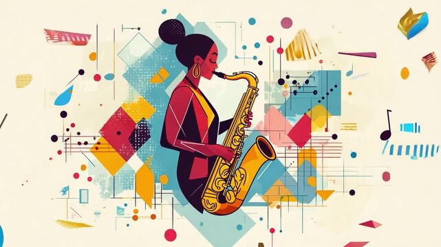 Musician playing saxophone jazz music with abstract colorful geometric shapes background