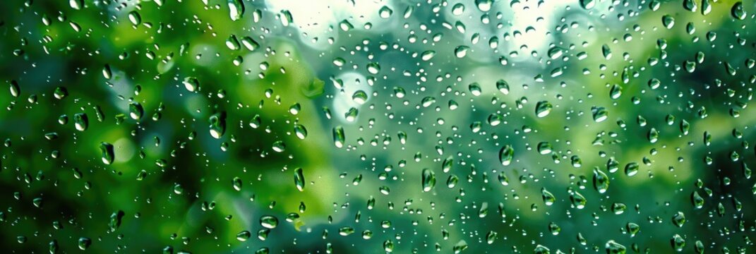 Fototapeta Raindrops on the window pane with blurred green tree silhouettes Rainy day view from the window High quality image