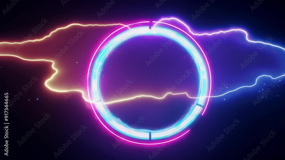 Poster a neverending 3d cycle with a neon ring and a rotating thunder cloud illuminated with bright colors.