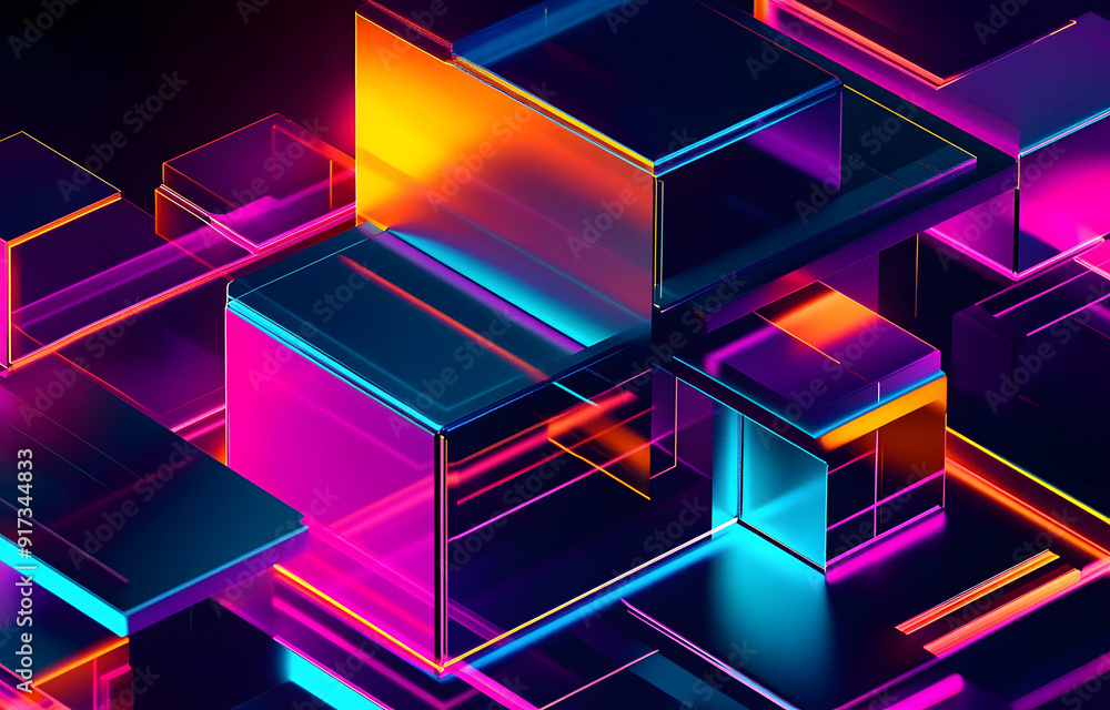 Poster  abstract illustration of geometric shapes and structures in colorful neon colors and lights in cybe