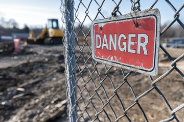 Danger Sign on Chain-Link Fence at Construction Site