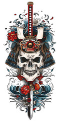 Tribal Skull and Samurai Sword Tattoo traditional tattoo illustration