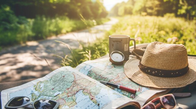 a map of the world on an outdoor table accompanied by hats and a car in the background - Powered by Adobe