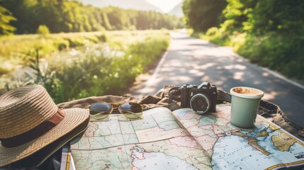 a map of the world on an outdoor table accompanied by hats and a car in the background