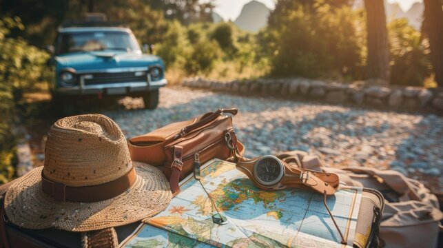 a map of the world on an outdoor table accompanied by hats and a car in the background - Powered by Adobe