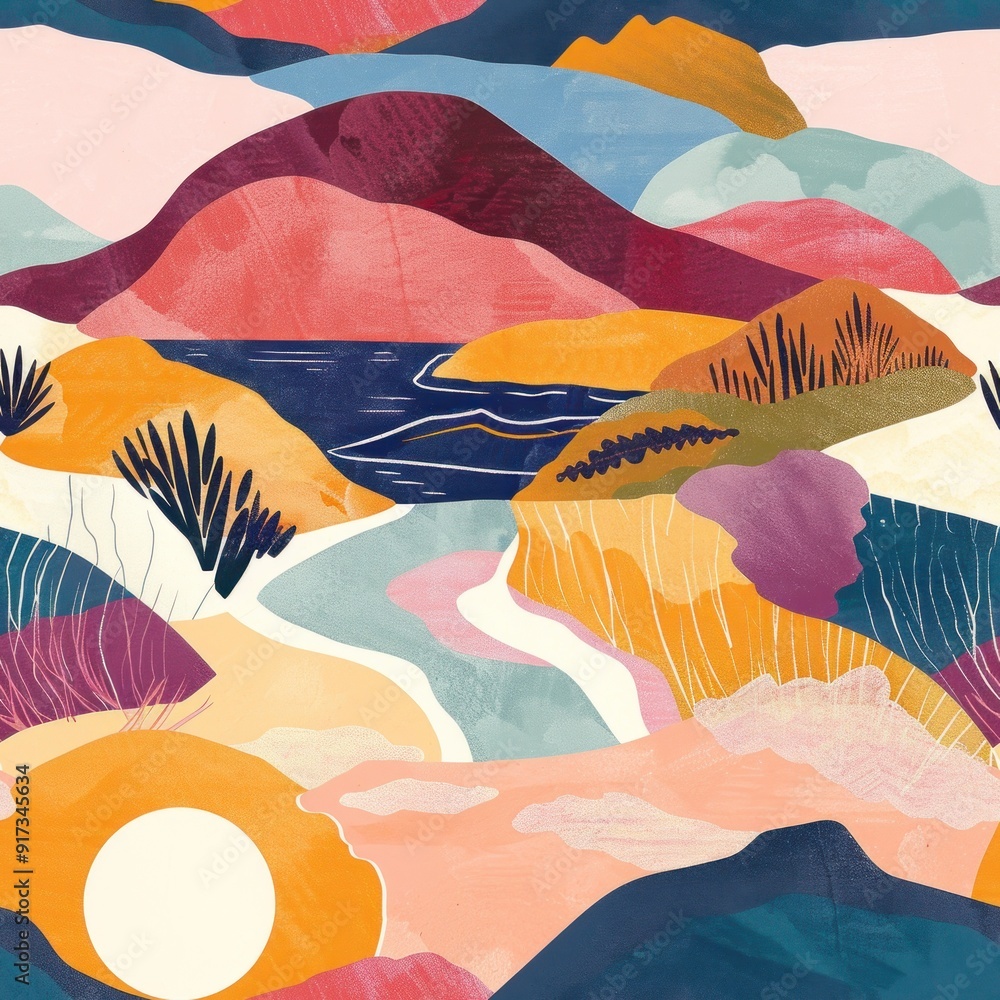 Canvas Prints Abstract Landscape with Mountains, River, and Sunset.