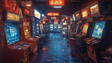 Nostalgic vintage arcade scene with classic game machines, neon lights and pixel art characters