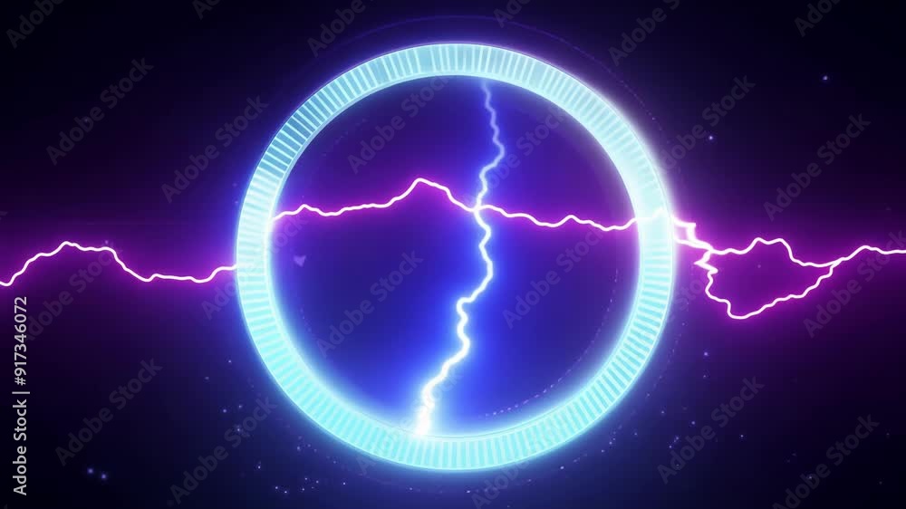 Poster an animated loop of a neon ring and a constantly spinning thunder cloud creating a mesmerizing cycle