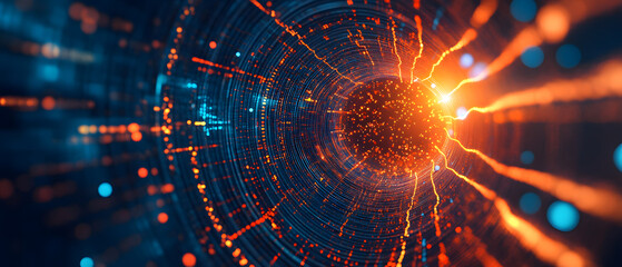 Obraz premium A matrix background with a dynamic flow of binary code through a circle gateway design