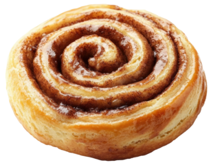 Freshly baked cinnamon roll with swirls of frosting, cut out - stock png.