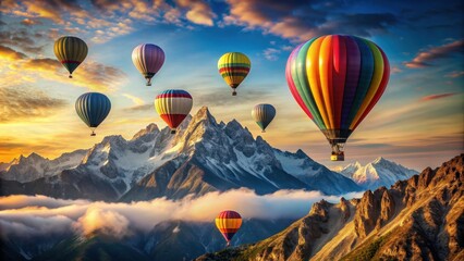 Naklejka premium Hot air balloons peacefully soaring over majestic mountains, adventure, travel, scenic, landscape, nature, tranquility