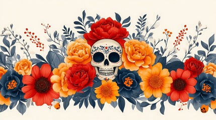Day of the Dead, el Dia de los Muertos Celebration, Sugar Skull and Flowers Facebook Cover, with copy space