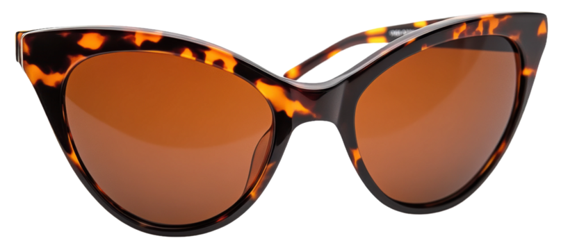 Stylish cat-eye sunglasses with a tortoiseshell pattern and brown lenses, cut out - stock png.
