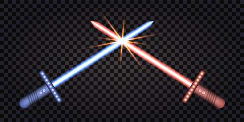 Crossed light laser swords. Blue and red neon light glowing blades. Weapon for game asset, futuristic hi tech elements. Isolated on transparent background, vector illustration