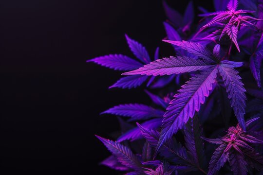 Purple and green marijuana plant with vibrant lighting on black background
