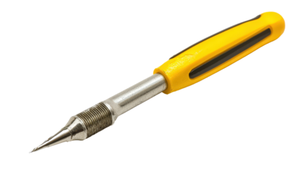 Flat head screwdriver with yellow handle on white background