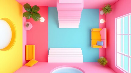 Virtual tour flat design top view travel 3D render colored pastel