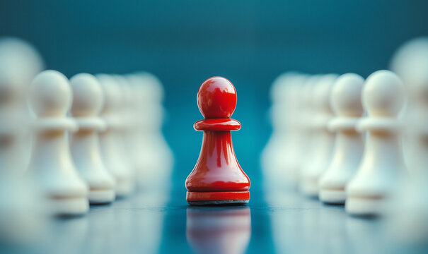 red pawn of chess. Unique, Think different, Individual and standing out from the crowd concept