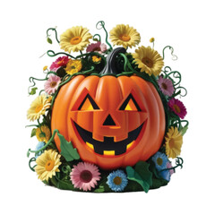 Jack-O-Lantern Halloween pumpkin decorated with natural flowers isolated on white background 