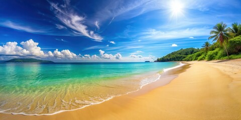 Beautiful and sunny beach with clear blue waters and golden sand, beach, sunny, beautiful, seascape, ocean, shore