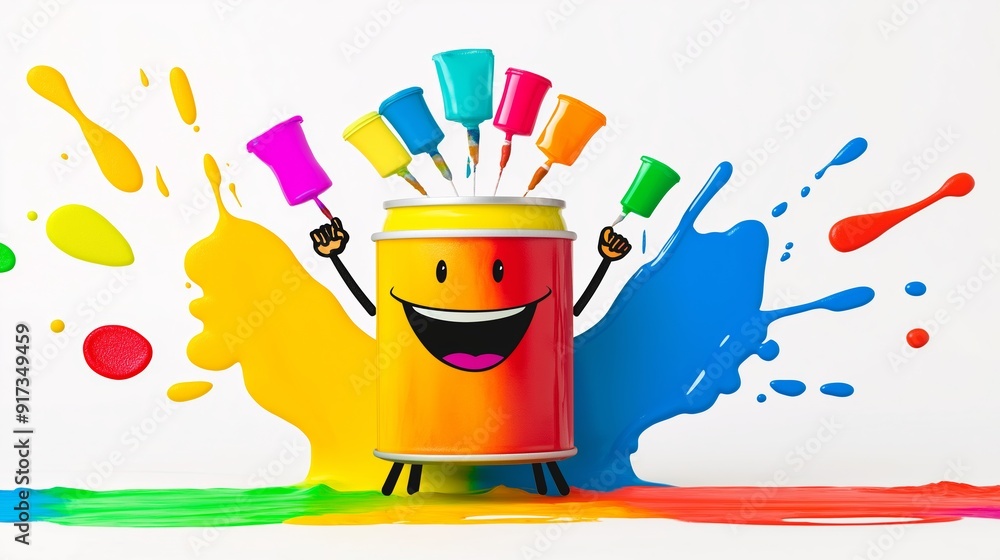 Poster a colorful can of paint with a smiling face on it. the can is surrounded by splatters of paint, givi