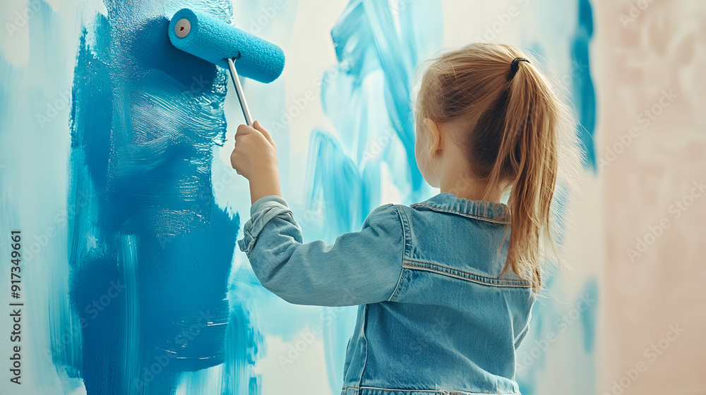 Poster adorable small girl in jeans coat is painting a wall. she paints with roller that is covered in ligh