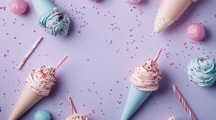 Various ice cream cones in pastel colors, topped with swirled ice cream and sprinkles, laid on a...