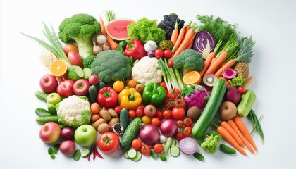 Fresh colorful vegetables and fruits on white background.