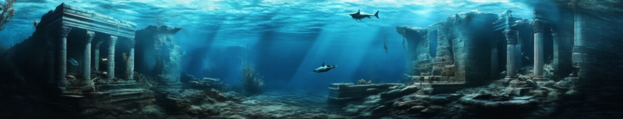 Obraz premium Unveiling the Lost City of Atlantis: Majestic Ruins and Timeless Architecture of an Advanced Ancient Civilization Beneath the Sea.