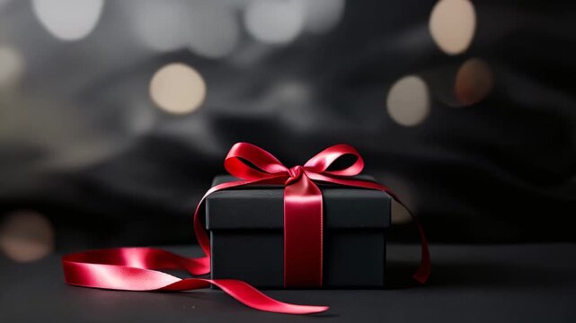Luxury black gift box with red ribbon against dark bokeh background, Men's day, father's day. Valentine's Day, Holidays gifts concept, anniversary, birthday. Copy space template backdrop