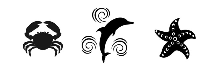 Silhouette illustration set of dolphins and various sea creatures. Starfish, dolphin, crab.