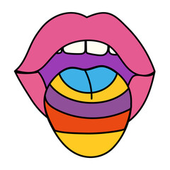 Lips with tongue sticking out in psychedelic coloring isolated on white