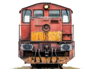 Rusty red and yellow locomotive facing forward on railway tracks during daylight, cut out - stock png.