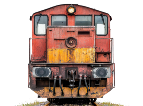 Rusty red and yellow locomotive facing forward on railway tracks during daylight, cut out - stock png.
