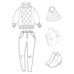 Autumn woman outfit trousers sweater shoes outline for coloring on a white background