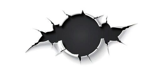 A circular hole in a white surface, resembling a bullet hole or a torn piece of paper. The hole has a black interior and ragged edges.