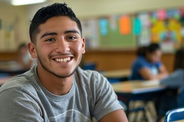 Obraz premium Cheerful Latino male college student in a classroom, smiling and enjoying learning environment