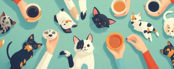 Pet adoption flat design top view shelter cartoon drawing Complementary Color Scheme