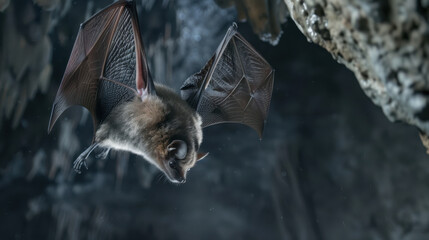 Fototapeta premium A photograph of a bat hanging from the cave ceiling, wings partially open, detailed view of its fur and eyes, with a blurred cave background