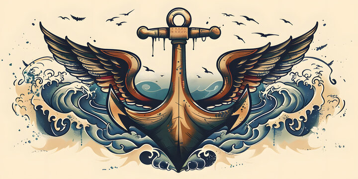 Winged Anchor traditional tattoo illustration