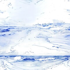 Blue Ink Seascape Drawing.