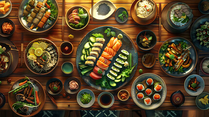 Fototapeta premium Japanese restaurant dinner table spread in top-down view, array of beautifully plated sushi, sashimi, tempura, surrounded, fresh salads, traditional Japanese food