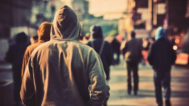 Delinquent in hoodie overlooks city, suggesting urban hooliganism and daytime crime - crime illustration