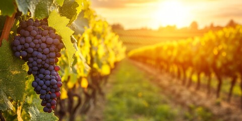 Naklejka premium Vineyard Landscape with Ripe Grapes at Golden Hour