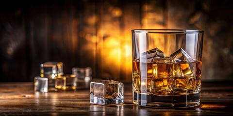 Luxurious still life of a whisky glass with ice cube in a classy setting , whisky, drink, beverage, alcohol, glass