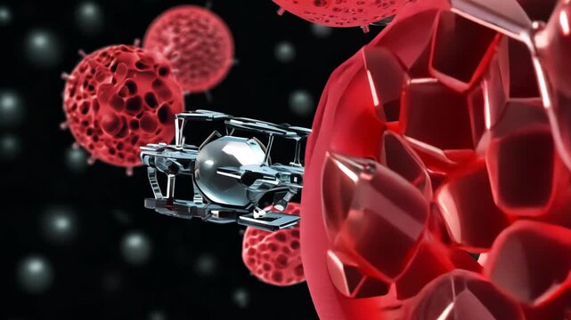 Medical nanobots assembling microscopic structures in scientific abstract concept. Microlevel ai bots in motion