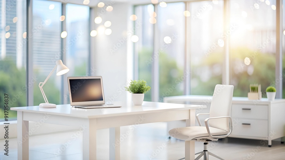 Poster the pristine workspace: a minimalist white office desk with blurred bokeh background ai generated