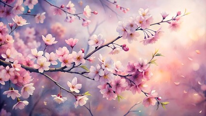 Delicate Watercolor Cherry Blossoms in a Gentle Breeze  generative AI